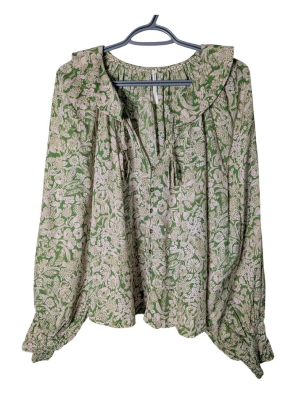 Anthropologie Green Cream Floral Peter Pan Collar Peasant Blouse Size Large